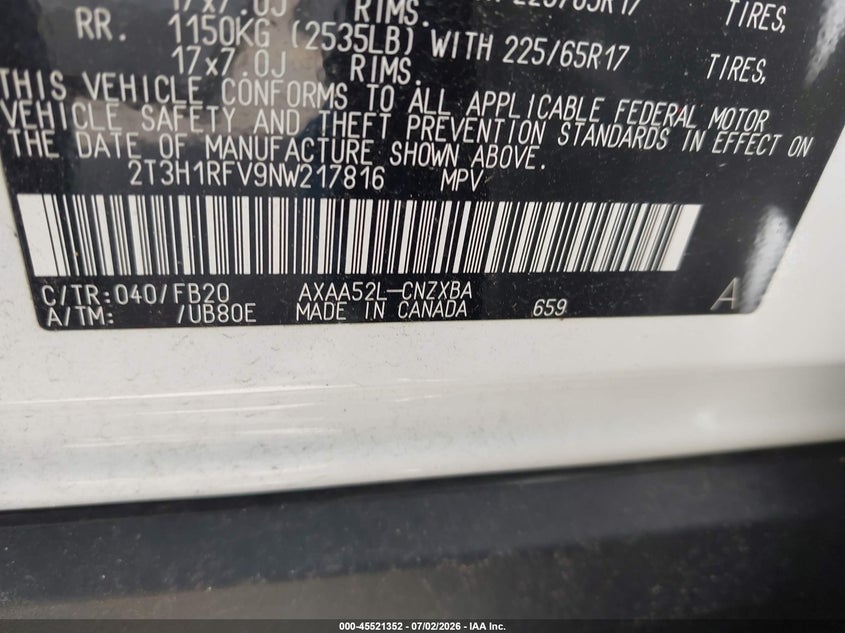 2022 Toyota Rav 4 VIN 2T3H1RFV9NW217816 IAAI salvage auction — FRONT END, Original (Texas), sold $7,300 on 2026-08-20 (photo 9)