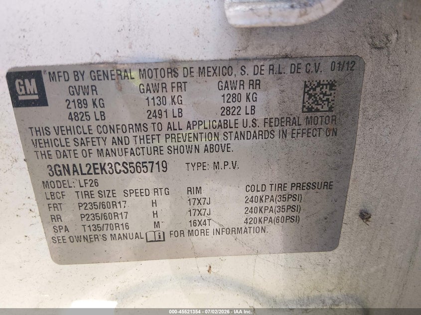 2012 Chevrolet Captiva sport VIN 3GNAL2EK3CS565719 IAAI salvage auction — NORMAL WEAR, Clear (Tennessee), sold $1,050 on 2026-07-08 (photo 9)