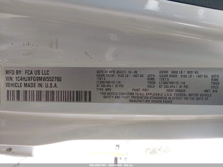 2021 Jeep Wrangler / VIN 1C4HJXFG9MW552760 IAAI salvage auction — FRONT END, Salvage Title, sold $11,500 on 2026-07-29 (photo 9)
