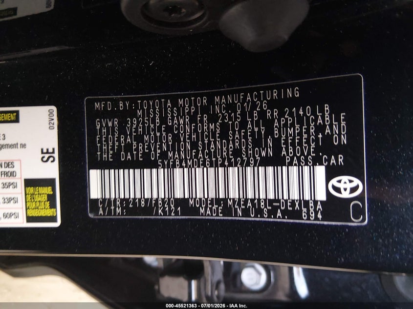 2026 Toyota Corolla VIN 5YFB4MDE6TP412797 IAAI salvage auction — FRONT END, Non-Repairable (Tennessee), sold $975 on 2026-07-07 (photo 9)