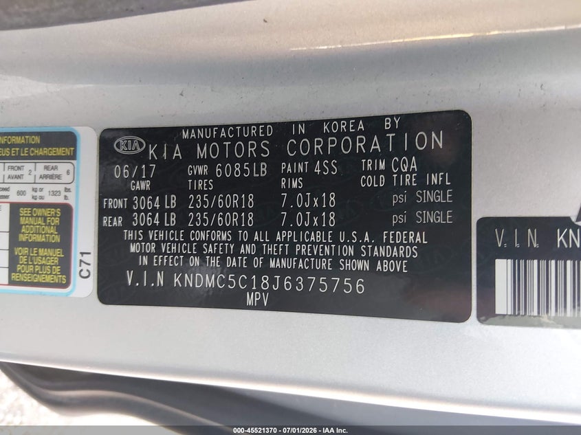 2018 Kia SEDONA VIN KNDMC5C18J6375756 IAAI salvage auction — NORMAL WEAR, Clear (Illinois), sold $1,650 on 2026-07-29 (photo 9)