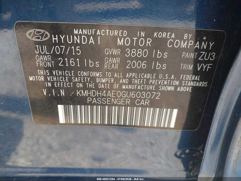 2016 Hyundai Elantra VIN KMHDH4AE0GU603072 IAAI salvage auction — REAR END, Salvage (Ohio), sold $1,650 on 2026-07-28 (photo 9)