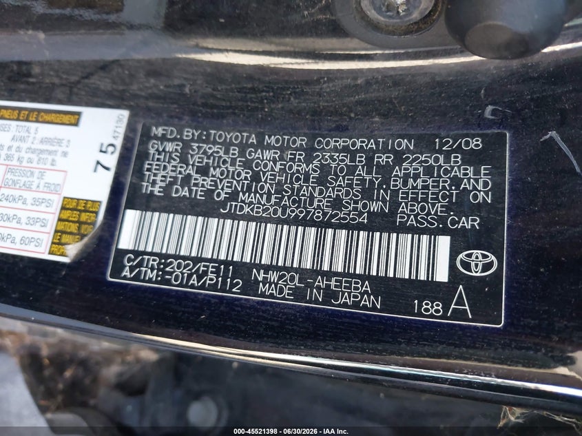 2009 Toyota Prius VIN JTDKB20U997872554 IAAI salvage auction — NORMAL WEAR, Clear - Dealer Only (California), sold $425 on 2026-07-28 (photo 9)