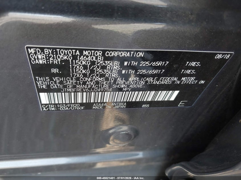 2018 Toyota Rav 4 VIN JTMBFREV6JJ249754 IAAI salvage auction — RIGHT FRONT, Salvage Title, sold $2,850 on 2026-08-01 (photo 9)
