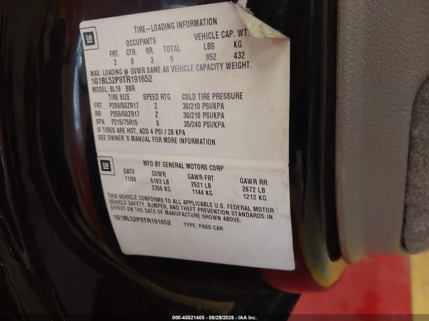 1996 Chevrolet Caprice VIN 1G1BL52P8TR191652 IAAI salvage auction — NORMAL WEAR, Clear (Massachusetts), sold $11,100 on 2026-07-06 (photo 9)