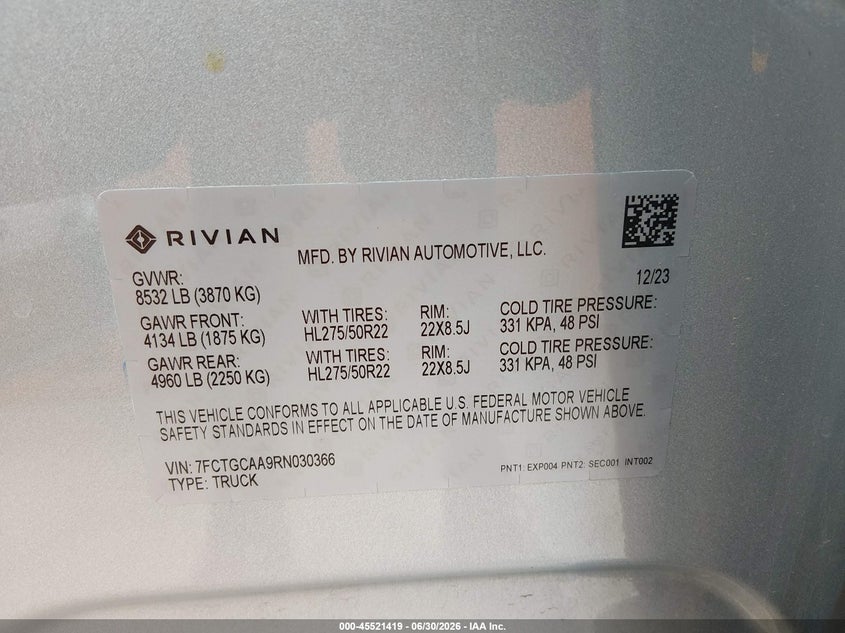 2024 Rivian R1t VIN 7FCTGCAA9RN030366 IAAI salvage auction — FRONT END, Salvage (Arizona), sold $17,850 on 2026-07-08 (photo 9)