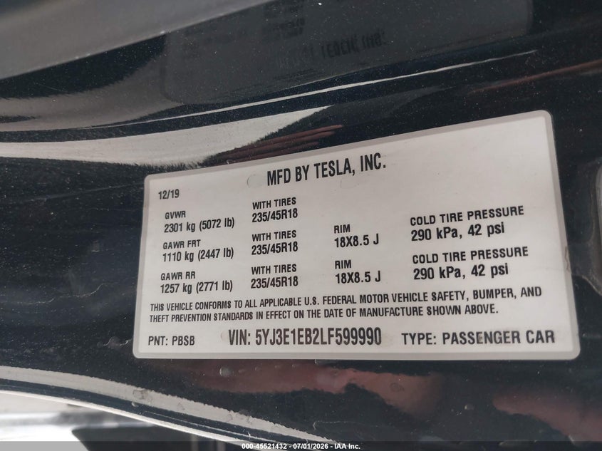2020 Tesla Model 3 VIN 5YJ3E1EB2LF599990 IAAI salvage auction — LEFT FRONT, Salvage (California), sold $7,650 on 2026-07-30 (photo 9)