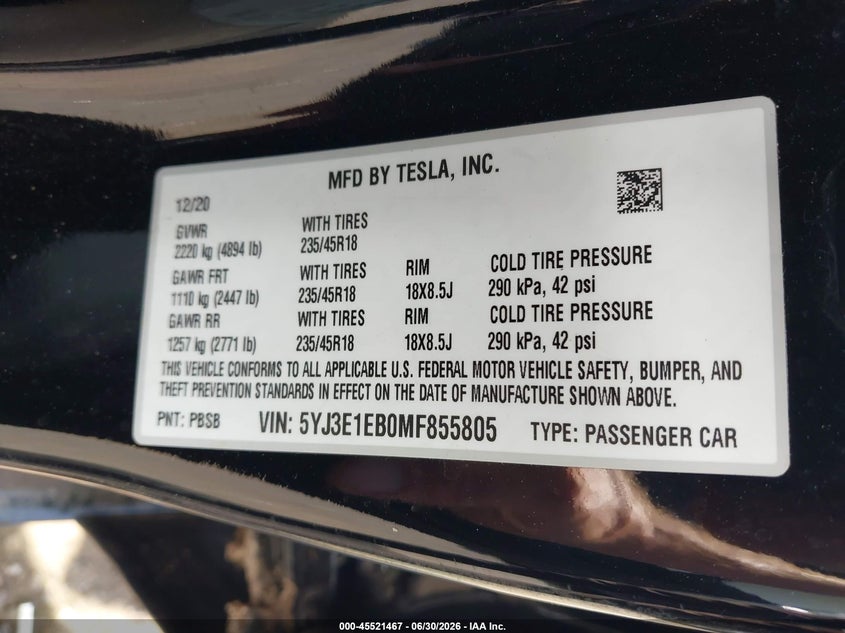 2021 Tesla Model 3 VIN 5YJ3E1EB0MF855805 IAAI salvage auction — NORMAL WEAR, Clear (Virginia), sold $1,050 on 2026-07-16 (photo 9)