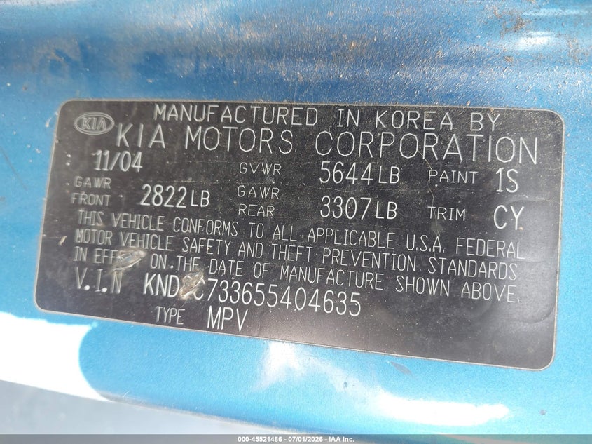 2005 Kia Sorento VIN KNDJC733655404635 IAAI salvage auction — NORMAL WEAR, Clear (Virginia), sold $275 on 2026-07-21 (photo 9)