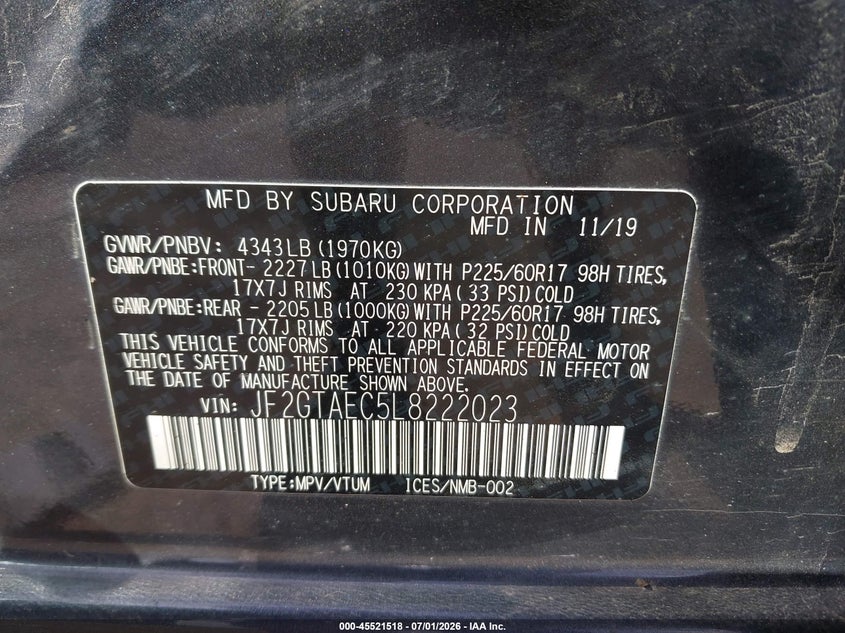 2020 Subaru Xv VIN JF2GTAEC5L8222023 IAAI salvage auction — FRONT END, Mv-907A (New York), sold $1,400 on 2026-07-28 (photo 9)