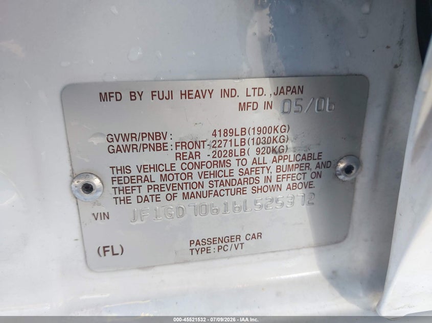 2006 Subaru Impreza VIN JF1GD70616L525372 IAAI salvage auction — NORMAL WEAR, Clear (Utah), sold $2,250 on 2026-07-23 (photo 9)