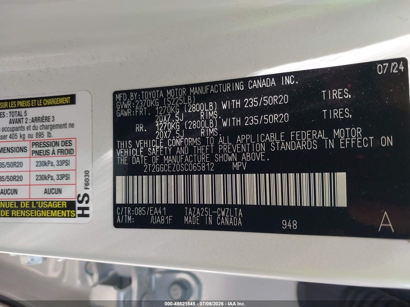 2025 Lexus Nx VIN 2T2GGCEZ0SC065812 IAAI salvage auction — FRONT END, Salvage Title, sold $15,100 on 2026-08-27 (photo 9)