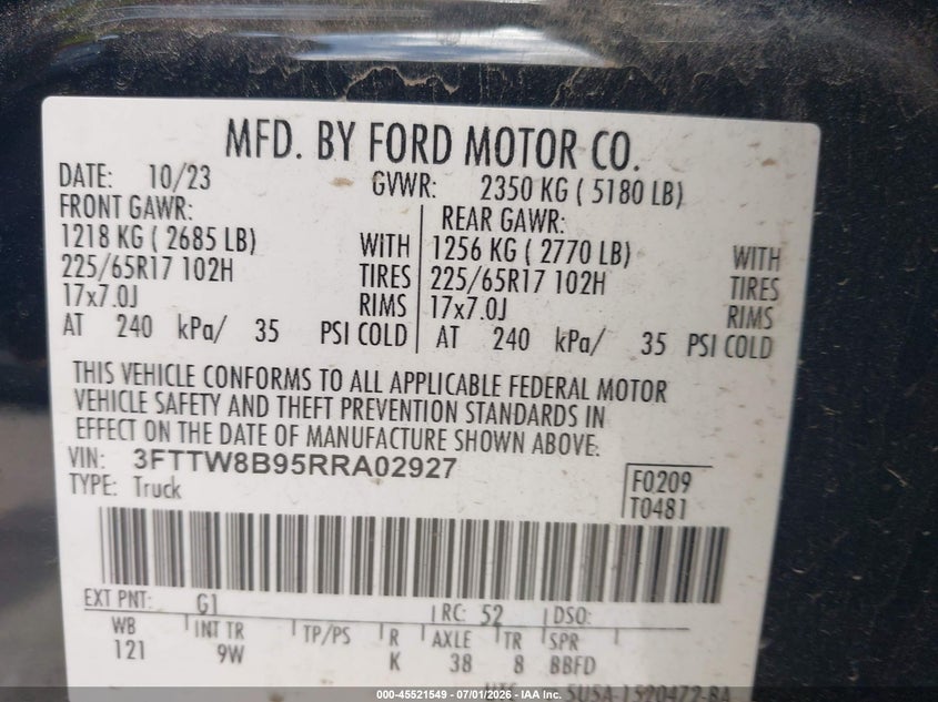 2024 Ford Maverick VIN 3FTTW8B95RRA02927 IAAI salvage auction — FRONT END, Salvage Title, sold $8,250 on 2026-08-31 (photo 9)