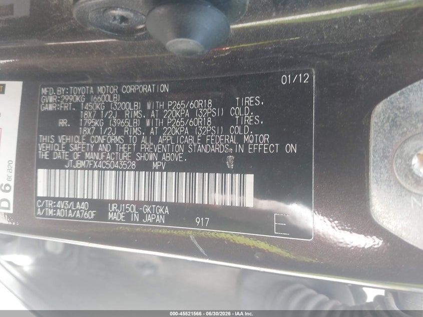 2012 Lexus Gx VIN JTJBM7FX4C5043528 IAAI salvage auction — NORMAL WEAR, Certificate Of Title (Nebraska), sold $4,650 on 2026-07-30 (photo 9)
