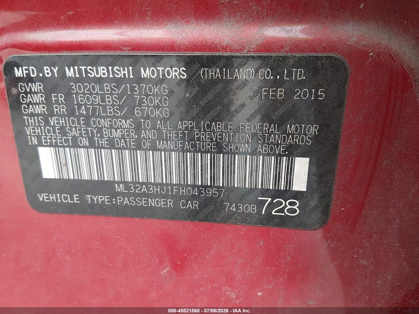 2015 Mitsubishi Mirage VIN ML32A3HJ1FH043957 IAAI salvage auction — NORMAL WEAR, Clear (Louisiana), sold $125 on 2026-07-22 (photo 9)