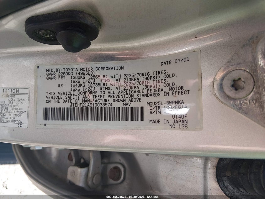 2001 Toyota Highlander VIN JTEHF21A610033974 IAAI salvage auction — NORMAL WEAR, Clear (Virginia), sold $750 on 2026-07-14 (photo 9)