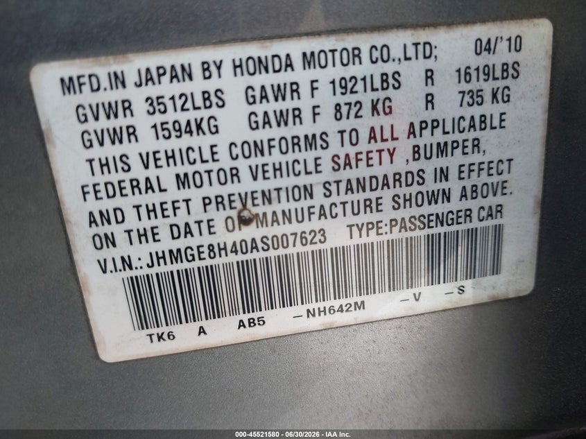 2010 Honda Fit VIN JHMGE8H40AS007623 IAAI salvage auction — REAR END, Salvage (North Carolina), sold $600 on 2026-07-23 (photo 9)