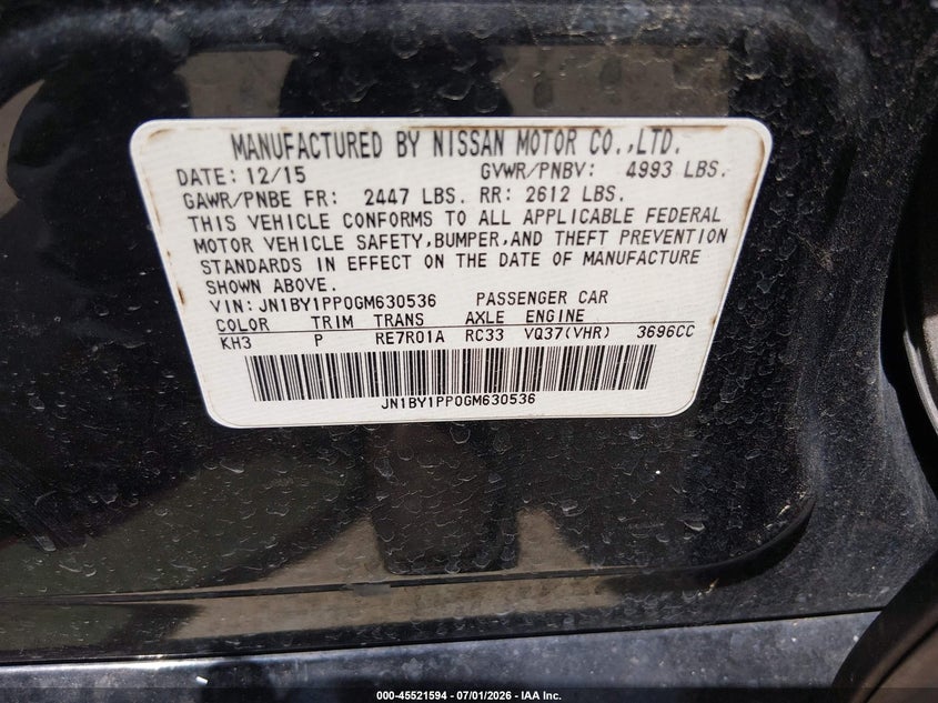 2016 Infiniti Q70 VIN JN1BY1PP0GM630536 IAAI salvage auction — REPOSSESSION, Original (Texas), sold $1,500 on 2026-08-01 (photo 9)