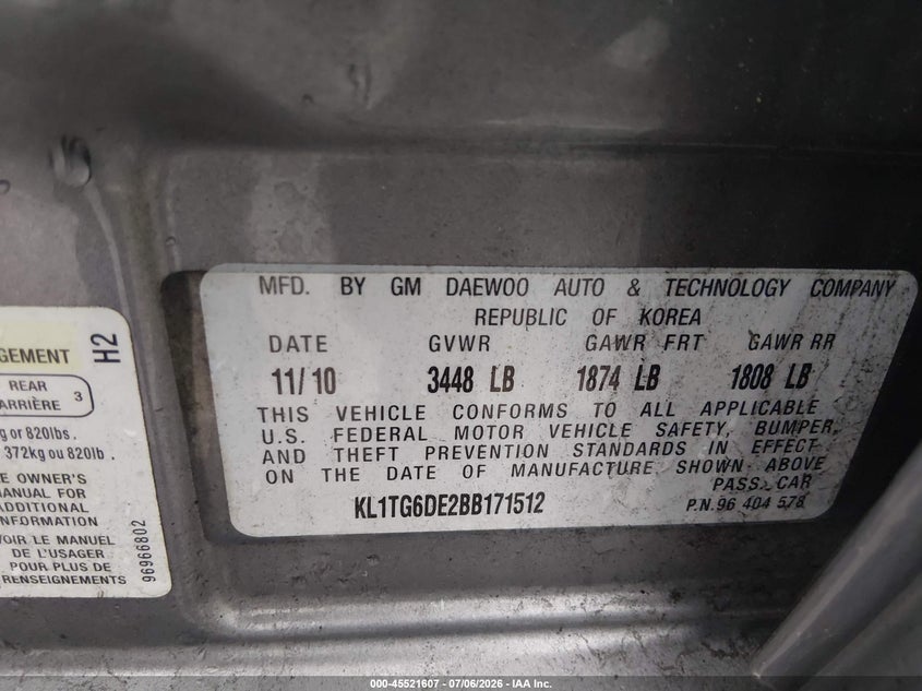 2011 Chevrolet Aveo VIN KL1TG6DE2BB171512 IAAI salvage auction — FRONT END, Clear (New Jersey), sold $400 on 2026-07-13 (photo 9)