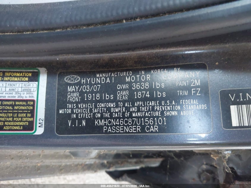 2007 Hyundai Accent VIN KMHCN46C87U156101 IAAI salvage auction — NORMAL WEAR, Clear (New York), sold $400 on 2026-07-09 (photo 9)