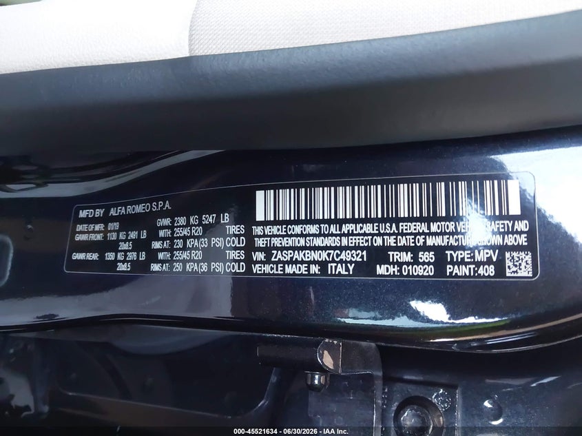 2019 Alfa romeo Stelvio VIN ZASPAKBN0K7C49321 IAAI salvage auction — LEFT FRONT, Wait Title, sold $1,900 on 2026-08-12 (photo 9)
