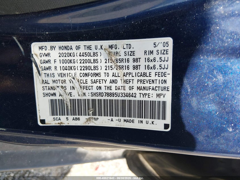 2005 Honda Cr-v VIN SHSRD78895U334642 IAAI salvage auction — NORMAL WEAR, Clear (Pennsylvania), sold $1,100 on 2026-07-13 (photo 9)