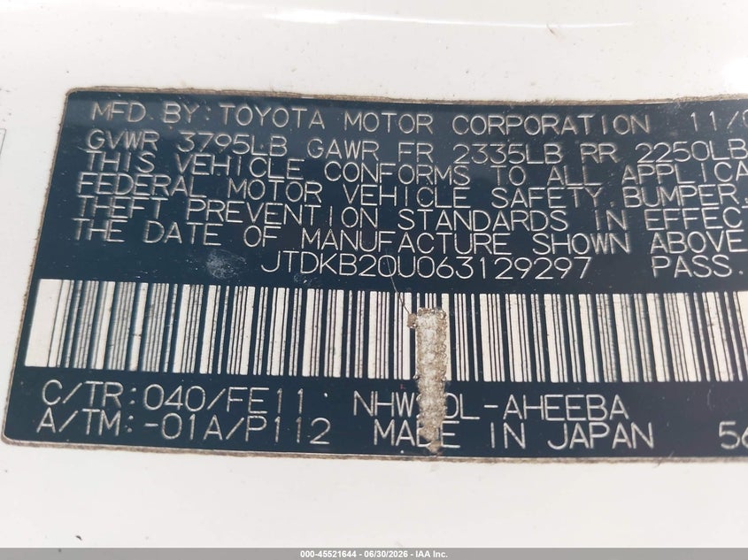 2006 Toyota Prius VIN JTDKB20U063129297 IAAI salvage auction — NORMAL WEAR, Clear (Florida), sold $200 on 2026-07-14 (photo 9)