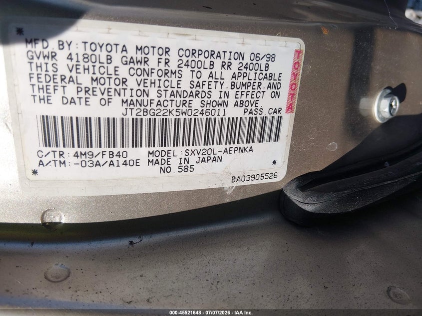 1998 Toyota Camry VIN JT2BG22K5W0246011 IAAI salvage auction — NORMAL WEAR, Clear (Georgia), sold $225 on 2026-07-17 (photo 9)