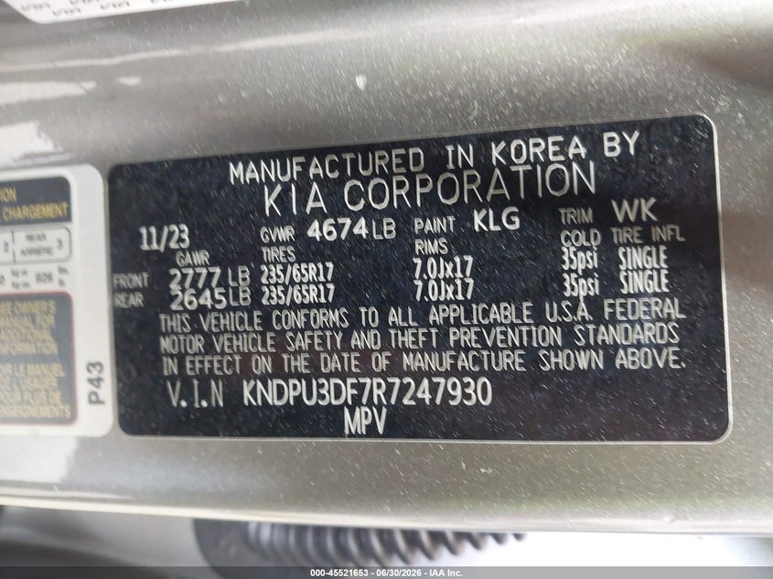 2024 Kia Sportage VIN KNDPU3DF7R7247930 IAAI salvage auction — FRONT & REAR, Salvage Title, sold $5,800 on 2026-08-01 (photo 9)