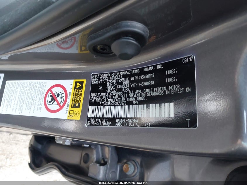 2017 Toyota Highlander VIN 5TDJZRFH3HS473878 IAAI salvage auction — FRONT END, Salvage Title, sold $6,600 on 2026-07-27 (photo 9)