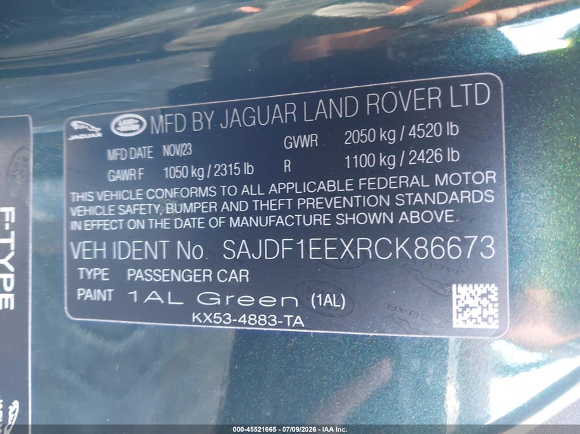 2024 Jaguar F-type VIN SAJDF1EEXRCK86673 IAAI salvage auction — FRONT END, Mv-907A (New York), sold $6,600 on 2026-07-21 (photo 9)