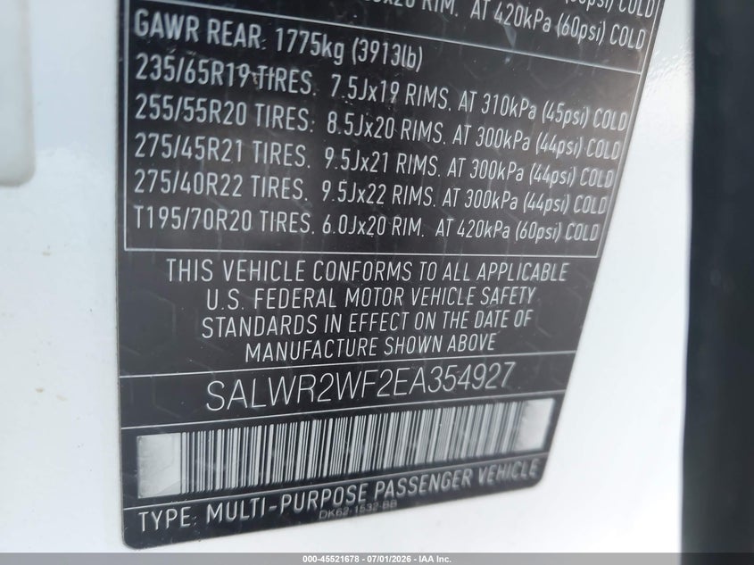 2014 Land rover Range rover sport VIN SALWR2WF2EA354927 IAAI salvage auction — NORMAL WEAR, Clear (Georgia), sold $2,325 on 2026-07-22 (photo 9)