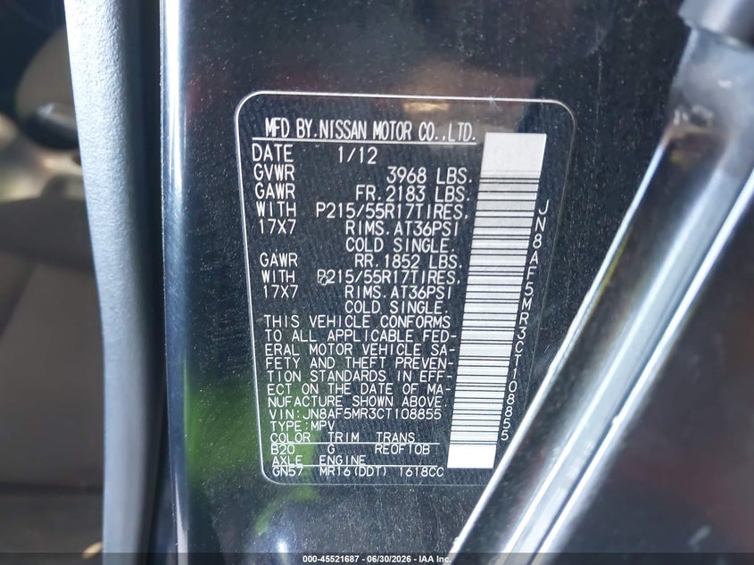 2012 Nissan Juke VIN JN8AF5MR3CT108855 IAAI salvage auction — FRONT & REAR, Salvage (California), sold $325 on 2026-07-14 (photo 9)