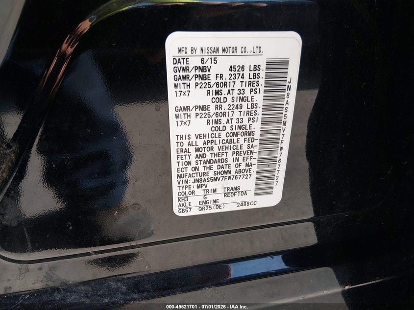 2015 Nissan Rogue VIN JN8AS5MV7FW767727 IAAI salvage auction — FRONT END, Salvage (Ohio), sold $50 on 2026-07-28 (photo 9)