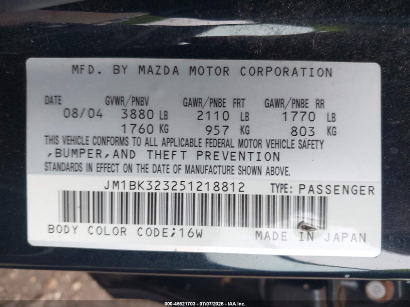 2005 Mazda 3 VIN JM1BK323251218812 IAAI salvage auction — SIDE, Salvage (Idaho), sold $25 on 2026-07-22 (photo 9)