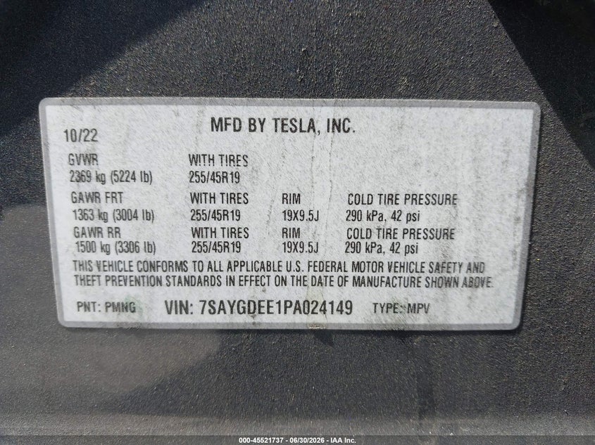 2023 Tesla Model y VIN 7SAYGDEE1PA024149 IAAI salvage auction — REAR END, Salvage (California), sold $5,100 on 2026-07-29 (photo 9)