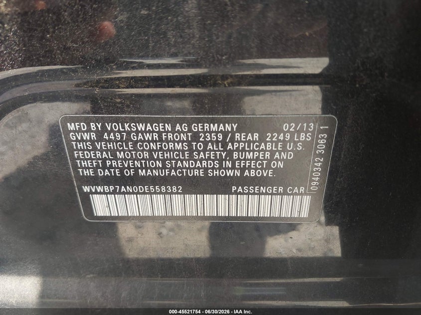 2013 Volkswagen Passat cc VIN WVWBP7AN0DE558382 IAAI salvage auction — NORMAL WEAR, Clear (Georgia), sold $1,050 on 2026-07-28 (photo 9)