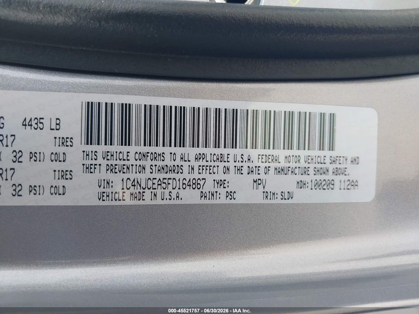 2015 Jeep Compass VIN 1C4NJCEA5FD164867 IAAI salvage auction — RIGHT FRONT, Wait Title, sold $1,200 on 2026-08-03 (photo 9)