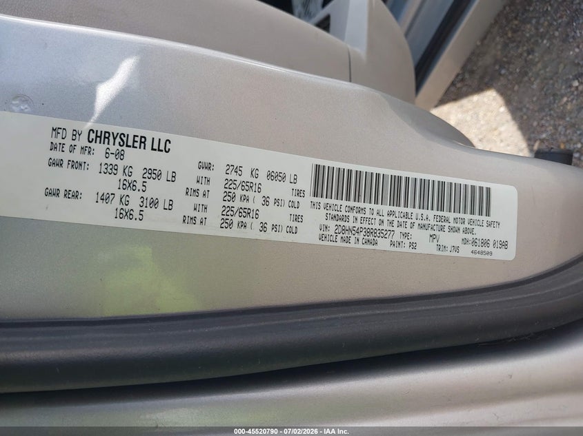 2008 Dodge Caravan VIN 2D8HN54P38R835277 IAAI salvage auction — REAR END, Salvage (Texas), sold $500 on 2026-07-22 (photo 9)