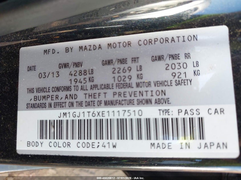 2014 Mazda 6 VIN JM1GJ1T6XE1117510 IAAI salvage auction — FRONT END, Salvage (Alabama), sold $725 on 2026-07-29 (photo 9)