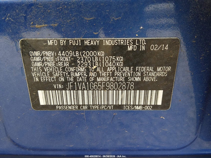 2015 Subaru Wrx VIN JF1VA1G65F9802878 IAAI salvage auction — SIDE, Wait Title, sold $3,950 on 2026-09-09 (photo 9)