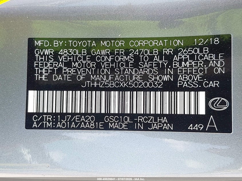 2019 Lexus Rc VIN JTHHZ5BCXK5020032 IAAI salvage auction — FRONT END, Salvage Title, sold $7,850 on 2026-08-13 (photo 9)