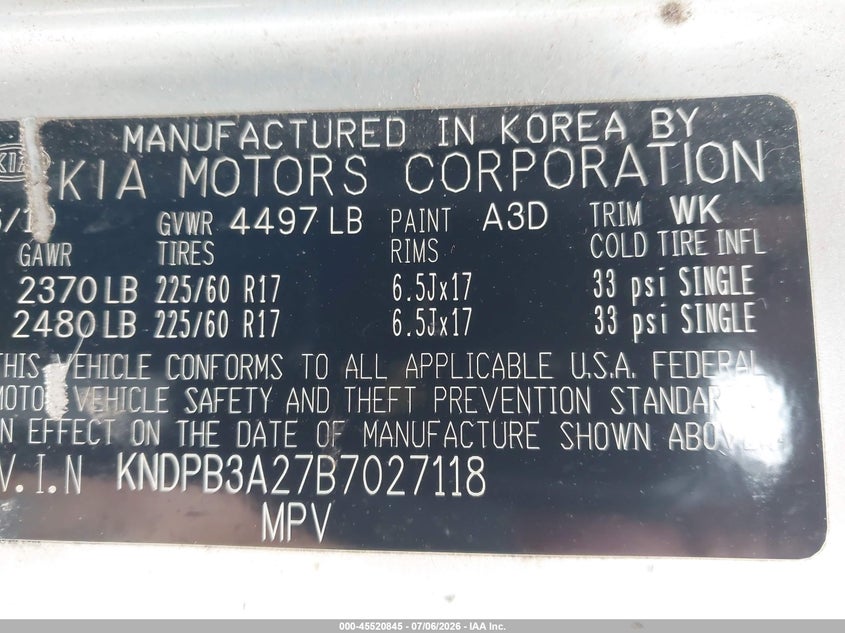2011 Kia Sportage VIN KNDPB3A27B7027118 IAAI salvage auction — NORMAL WEAR, Clear (New York), sold $425 on 2026-07-16 (photo 9)