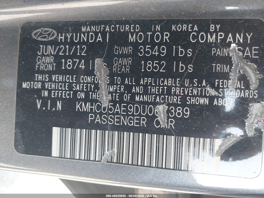 2013 Hyundai Accent VIN KMHCU5AE9DU067389 IAAI salvage auction — SIDE, Salvage - Greater Than 75% (Maryland), sold $450 on 2026-07-30 (photo 9)