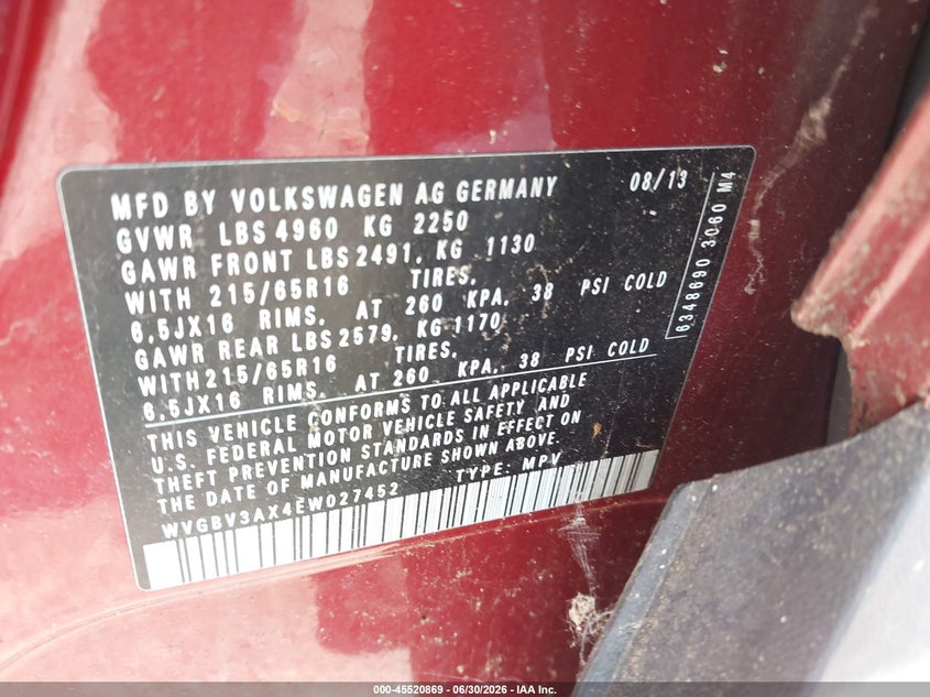 2014 Volkswagen Tiguan VIN WVGBV3AX4EW027452 IAAI salvage auction — NORMAL WEAR, Clear (New York), sold $400 on 2026-07-28 (photo 9)