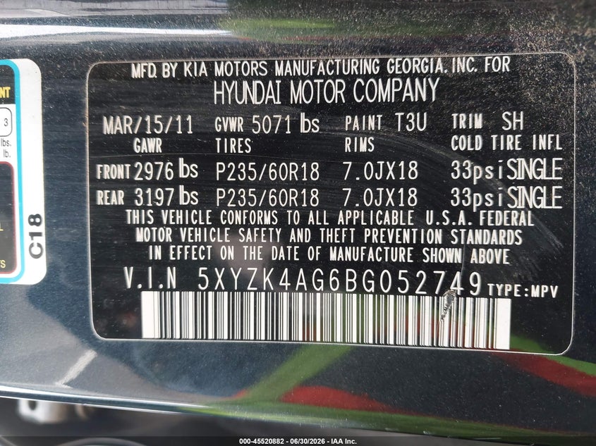 2011 Hyundai Santa fe VIN 5XYZK4AG6BG052749 IAAI salvage auction — NORMAL WEAR, Clear (Texas), sold $900 on 2026-07-16 (photo 9)