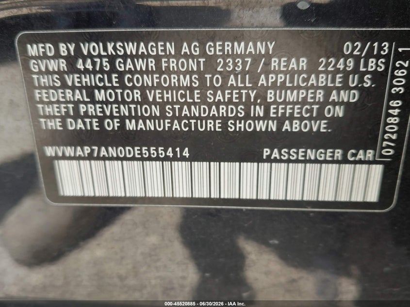 2013 Volkswagen Passat cc VIN WVWAP7AN0DE555414 IAAI salvage auction — NORMAL WEAR, Original (Texas), sold $1,150 on 2026-07-20 (photo 9)
