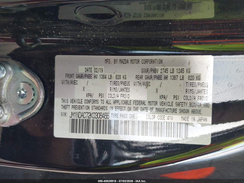 2019 Mazda Mx-5 VIN JM1NDAC72K0306466 IAAI salvage auction — SIDE, Salvage (Iowa), sold $6,150 on 2026-09-07 (photo 9)
