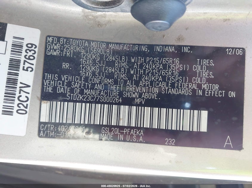 2007 Toyota Sienna VIN 5TDZK23C77S000264 IAAI salvage auction — NORMAL WEAR, Clear (New Mexico), sold $625 on 2026-07-29 (photo 9)