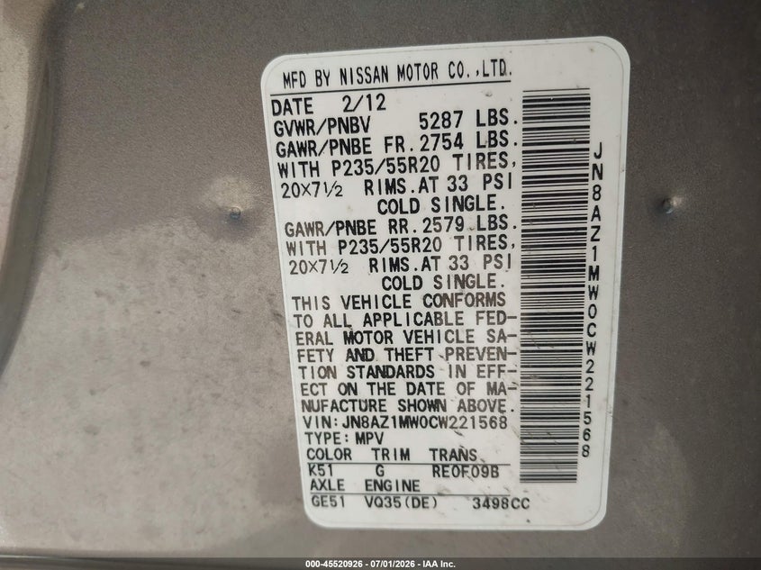 2012 Nissan Murano VIN JN8AZ1MW0CW221568 IAAI salvage auction — RIGHT FRONT, Clear (Wisconsin), sold $750 on 2026-07-16 (photo 9)